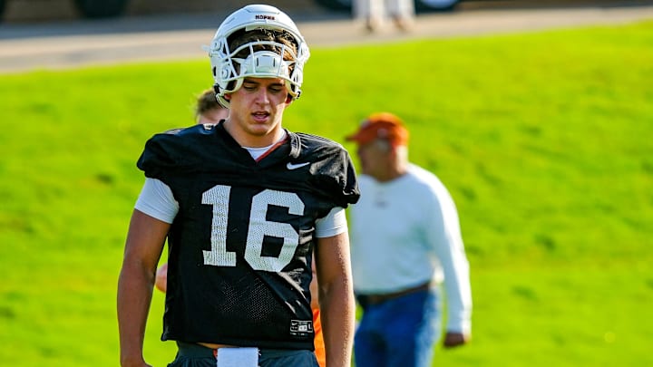 Texas Longhorns quarterback, Arch Manning during his first practice of the spring season. Texas Longhorns quarterback, Arch Manning during his first practice of the spring season.