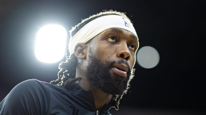 Jan 6, 2024; Philadelphia, Pennsylvania, USA; Philadelphia 76ers guard Patrick Beverley warms up before a game against the Utah Jazz at Wells Fargo Center. 