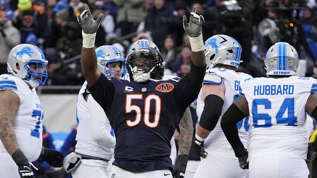 Jan 4, 2026; Chicago, Illinois, USA; Chicago Bears defensive end Grady Jarrett (50) celebrates after a sack against the Detroit Lions during the first half at Soldier Field.