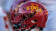 Nov 9, 2024; Kansas City, Missouri, USA; Iowa State Cyclones helmets on the bench during the first quarter against the Kansas Jayhawks at GEHA Field at Arrowhead Stadium. 