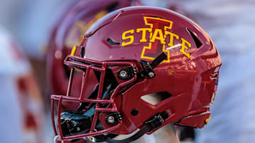 Nov 9, 2024; Kansas City, Missouri, USA; Iowa State Cyclones helmets on the bench during the first quarter against the Kansas Jayhawks at GEHA Field at Arrowhead Stadium. 