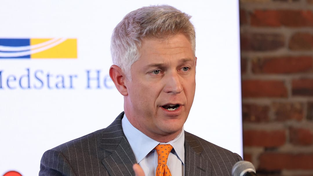 Nov 4, 2025; Baltimore, MD, USA; President of Baseball Operations Mike Elias introduces Craig Albernaz as the Baltimore Orioles new Manager at Warehouse Bar. Mandatory Credit: Daniel Kucin Jr.-Imagn Images