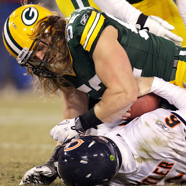 Green Bay Packers linebacker Clay Matthews sacks Chicago Bears quarterback Jay Cutler in January 2011.
