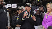 Mar 9, 2025; Greenville, SC, USA;  South Carolina Gamecocks head coach Dawn Staley talks to the fans after her teams win over Texas Longhorns for the SEC championship at Bon Secours Wellness Arena. Mandatory Credit: Jim Dedmon-Imagn Images
