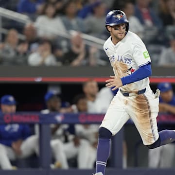 Toronto Blue Jays third baseman Ernie Clement (28) scores on a double by designated hitter Spencer Horwitz (not pictured) during the seventh inning against the New York Mets at Rogers Centre on Sept 10.