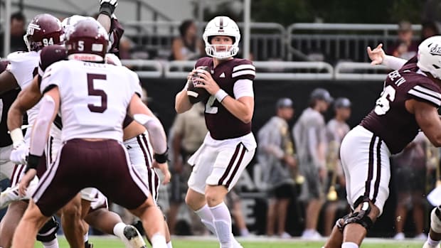 Mississippi State Bulldogs quarterback Blake Shapen looks to pass against the Eastern Kentucky Colonels.