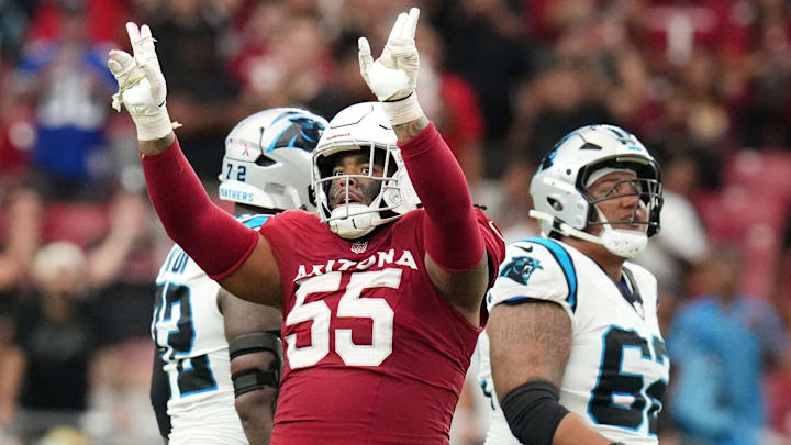 Arizona Cardinals defensive lineman Dante Stills (55) celebrates a defensive stop against the Carolina Panthers at State Farm Stadium on Sept 14, 2025.