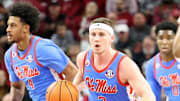 Jan 8, 2025; Fayetteville, Arkansas, USA; Ole Miss Rebels guard Sean Pedulla (3) dribbles in the first half against the Arkansas Razorbacks at Bud Walton Arena. Mandatory Credit: Nelson Chenault-Imagn Images