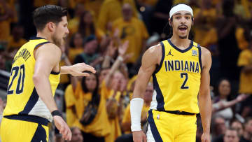 Indiana Pacers guard Andrew Nembhard (2) celebrates.