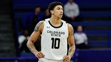 Feb 25, 2025; Colorado Springs, Colorado, USA; Colorado State Rams guard Nique Clifford (10) in the first half against the Air Force Falcons at Clune Arena. Mandatory Credit: Isaiah J. Downing-Imagn Images