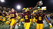 Arizona State Sun Devils wide receiver Brandon Aiyuk (2) holds up the Territorial Cup trophy after defeating Arizona 24-14 at the 93rd Duel in the Desert on Nov. 30, 2019, in Tempe.

Arizona Wildcats Vs Arizona State Sun Devils