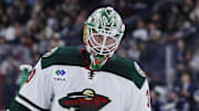 Sep 21, 2024; Winnipeg, Manitoba, CAN; Minnesota Wild goaltender Jesper Wallstedt (30) during a break in the play in the second period against the Winnipeg Jets at Canada Life Centre. Mandatory Credit: James Carey Lauder-Imagn Images