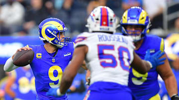 Dec 8, 2024; Inglewood, California, USA; Los Angeles Rams quarterback Matthew Stafford (9) throws against the Buffalo Bills during the first half at SoFi Stadium. Mandatory Credit: Gary A. Vasquez-Imagn Images