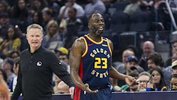 Jan 7, 2025; San Francisco, California, USA; Golden State Warriors forward Draymond Green (23) and head coach Steve Kerr react during the first quarter against the Miami Heat at Chase Center. Mandatory Credit: John Hefti-Imagn Images