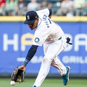Seattle Mariners second baseman Jorge Polanco (7) fails to field a ground ball for a single against the Baltimore Orioles during the sixth inning at T-Mobile Park on July 3.