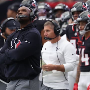 Nov 2, 2025; Houston, Texas, USA; Houston Texans head coach DeMeco Ryans during the first half against the Denver Broncos at NRG Stadium. Mandatory Credit: Thomas Shea-Imagn Images