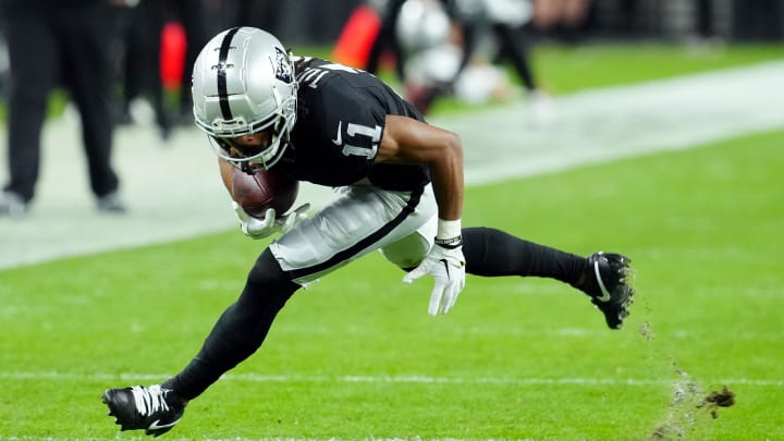 Dec 14, 2023; Paradise, Nevada, USA; Las Vegas Raiders wide receiver Tre Tucker (11) runs against the Los Angeles Chargers in the first quarter at Allegiant Stadium. Mandatory Credit: Stephen R. Sylvanie-USA TODAY Sports