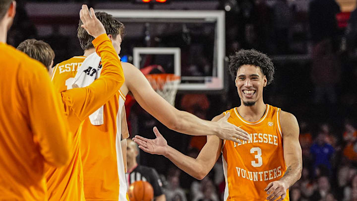 Jan 28, 2026; Athens, Georgia, USA; Tennessee Volunteers guard Bishop Boswell (3) reacts after a play against the Georgia Bulldogs during overtime at Stegeman Coliseum. Mandatory Credit: Dale Zanine-Imagn Images