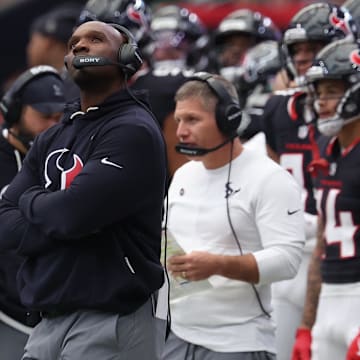 Nov 2, 2025; Houston, Texas, USA; Houston Texans head coach DeMeco Ryans during the first half against the Denver Broncos at NRG Stadium. Mandatory Credit: Thomas Shea-Imagn Images