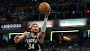 Giannis Antetokounmpo shoots a layup against the Pacers in Game 2. 