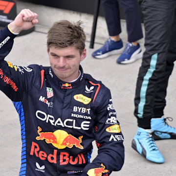 Jun 9, 2024; Montreal, Quebec, CAN;  Red Bull Racing driver Max Verstappen (NED) reacts after winning the Canadian Grand Prix at Circuit Gilles Villeneuve. Mandatory Credit: Eric Bolte-Imagn Images