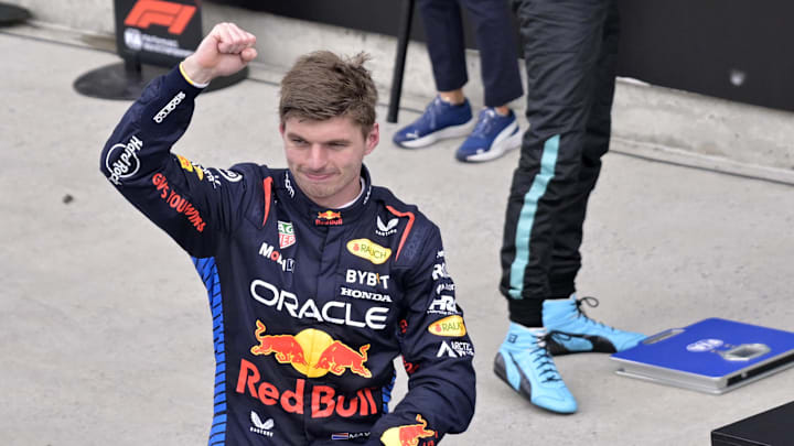 Jun 9, 2024; Montreal, Quebec, CAN;  Red Bull Racing driver Max Verstappen (NED) reacts after winning the Canadian Grand Prix at Circuit Gilles Villeneuve. Mandatory Credit: Eric Bolte-Imagn Images