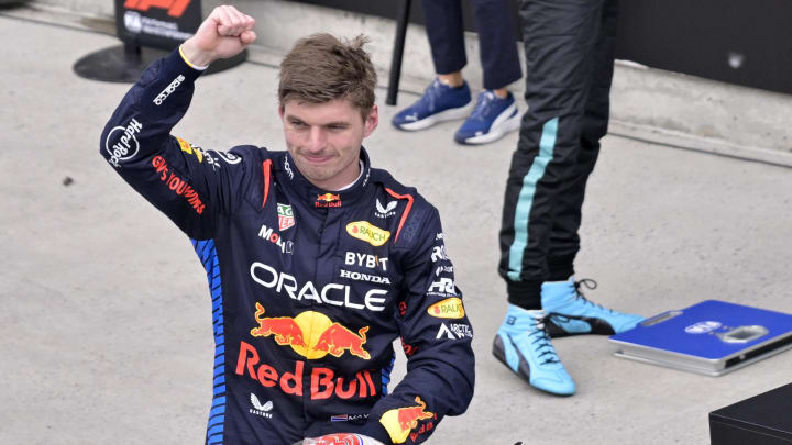 Jun 9, 2024; Montreal, Quebec, CAN;  Red Bull Racing driver Max Verstappen (NED) reacts after winning the Canadian Grand Prix at Circuit Gilles Villeneuve. Mandatory Credit: Eric Bolte-USA TODAY Sports