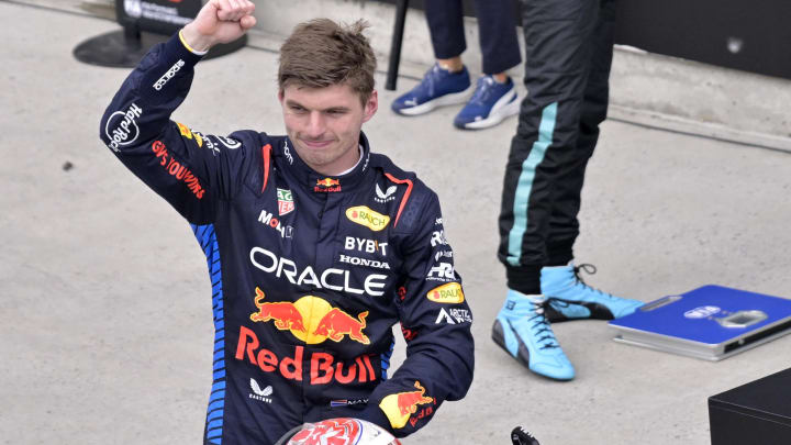 Jun 9, 2024; Montreal, Quebec, CAN;  Red Bull Racing driver Max Verstappen (NED) reacts after winning the Canadian Grand Prix at Circuit Gilles Villeneuve. Mandatory Credit: Eric Bolte-USA TODAY Sports