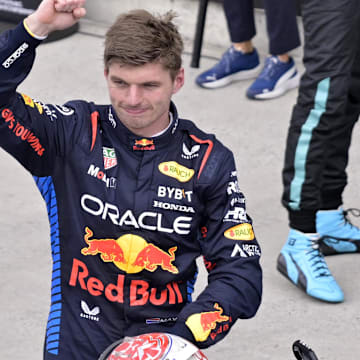 Jun 9, 2024; Montreal, Quebec, CAN;  Red Bull Racing driver Max Verstappen (NED) reacts after winning the Canadian Grand Prix at Circuit Gilles Villeneuve. Mandatory Credit: Eric Bolte-Imagn Images