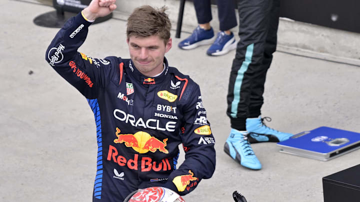 Jun 9, 2024; Montreal, Quebec, CAN;  Red Bull Racing driver Max Verstappen (NED) reacts after winning the Canadian Grand Prix at Circuit Gilles Villeneuve. Mandatory Credit: Eric Bolte-Imagn Images