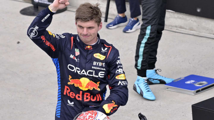 Jun 9, 2024; Montreal, Quebec, CAN;  Red Bull Racing driver Max Verstappen (NED) reacts after winning the Canadian Grand Prix at Circuit Gilles Villeneuve. Mandatory Credit: Eric Bolte-USA TODAY Sports