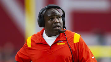 Sep 11, 2022; Glendale, Arizona, USA; Kansas City Chiefs offensive coordinator Eric Bieniemy against the Arizona Cardinals at State Farm Stadium. Mandatory Credit: Mark J. Rebilas-Imagn Images