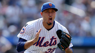 Jun 12, 2025; New York City, New York, USA; New York Mets relief pitcher Edwin Diaz (39) reacts after getting the final out of the game against the Washington Nationals at Citi Field. Mandatory Credit: Brad Penner-Imagn Images