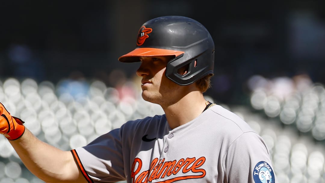 Sep 17, 2025; Chicago, Illinois, USA; Baltimore Orioles first baseman Coby Mayo (16) celebrates after hitting a single against the Chicago White Sox during the fourth inning at Rate Field. Mandatory Credit: Kamil Krzaczynski-Imagn Images