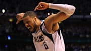 May 25, 2011; Dallas, TX, USA; Dallas Mavericks center Tyson Chandler (6) reacts after winning game five against the Oklahoma City Thunder for the Western Conference Finals of the 2011 NBA playoffs at American Airlines Center. The Mavs beat the Thunder 100-96. Mandatory Credit: Matthew Emmons-Imagn Images