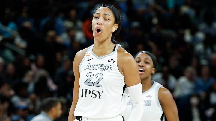 Aug 1, 2026; Chicago, Illinois, USA; Las Vegas Aces center A'ja Wilson (22) reacts after scoring against the Chicago Sky during the second half of a WNBA game at Wintrust Arena. Mandatory Credit: Kamil Krzaczynski-Imagn Images