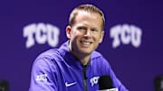 Oct 22, 2024; Kansas City, MO, USA; TCU Horned Frogs head coach Mark Campbell talks to media during Big 12 Women’s Basketball Media Day at T-Mobile Center. Mandatory Credit: Jay Biggerstaff-Imagn Images