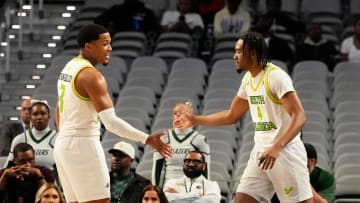 Mar 16, 2024; Fort Worth, TX, USA;  South Florida Bulls guard Kobe Knox (4) celebrates with South Florida Bulls guard Chris Youngblood (3) after scoring a three point basket against the UAB Blazers during the first half at Dickies Arena. Mandatory Credit: Chris Jones-USA TODAY Sports