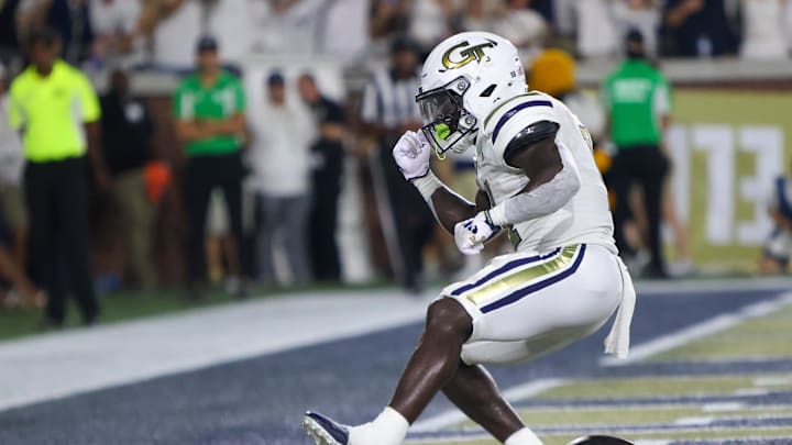 Aug 31, 2024; Atlanta, Georgia, USA; Georgia Tech Yellow Jackets running back Jamal Haynes (11) celebrates after a touchdown run against Georgia State Panthers in the first quarter at Bobby Dodd Stadium at Hyundai Field. Mandatory Credit: Brett Davis-Imagn Images