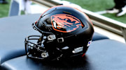 Oct 9, 2021; Pullman, Washington, USA; Oregon State Beavers helmet sits during a game against the Washington State Cougars in the first half at Gesa Field at Martin Stadium. Mandatory Credit: James Snook-Imagn Images