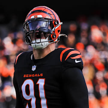 Dec 22, 2024; Cincinnati, Ohio, USA; Cincinnati Bengals defensive end Trey Hendrickson (91) runs onto the field before the game against the Cleveland Browns at Paycor Stadium. Mandatory Credit: Katie Stratman-Imagn Images