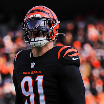 Dec 22, 2024; Cincinnati, Ohio, USA; Cincinnati Bengals defensive end Trey Hendrickson (91) runs onto the field before the game against the Cleveland Browns at Paycor Stadium. 