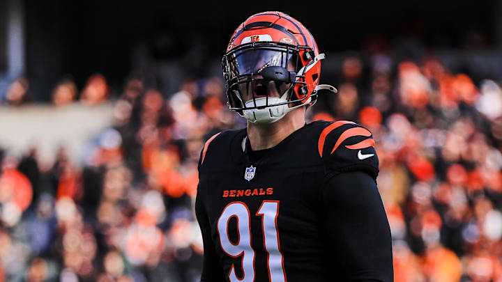 Dec 22, 2024; Cincinnati, Ohio, USA; Cincinnati Bengals defensive end Trey Hendrickson (91) runs onto the field before the game against the Cleveland Browns at Paycor Stadium. Mandatory Credit: Katie Stratman-Imagn Images