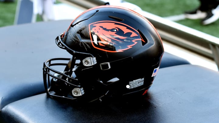 Oct 9, 2021; Pullman, Washington, USA; Oregon State Beavers helmet sits during a game against the Washington State Cougars in the first half at Gesa Field at Martin Stadium. Mandatory Credit: James Snook-USA TODAY Sports