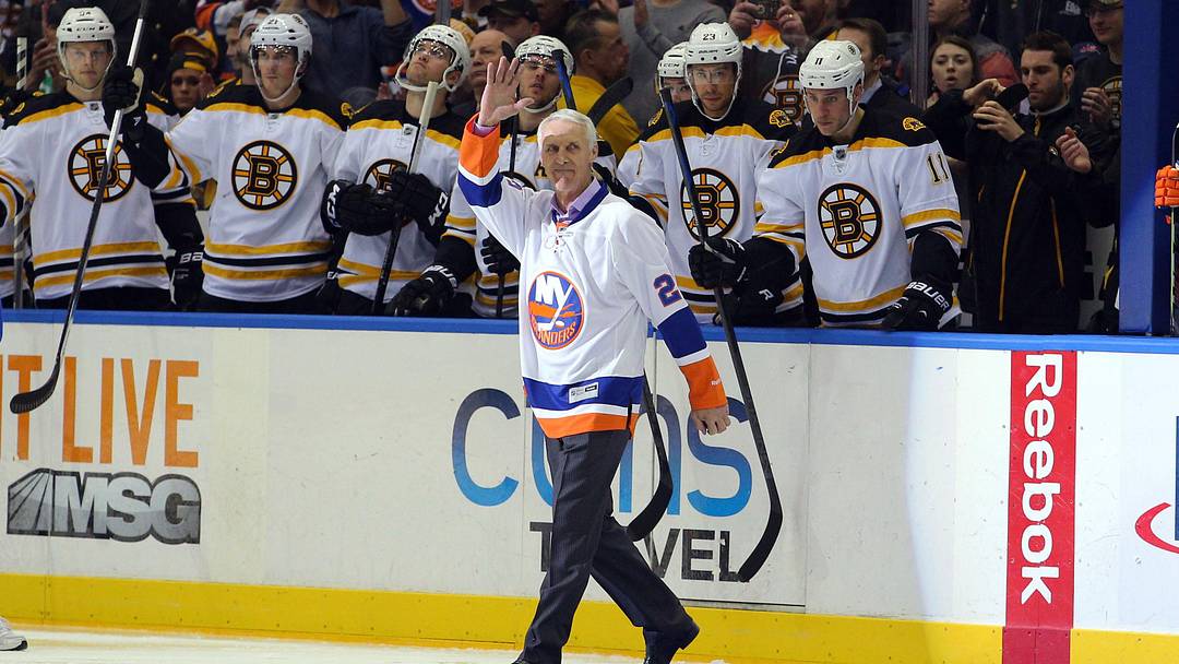 Jan 29, 2015; Uniondale, NY, USA; New York Islanders legend Mike Bossy is honored before a game against the Boston Bruins at Nassau Veterans Memorial Coliseum. Mandatory Credit: Brad Penner-Imagn Images