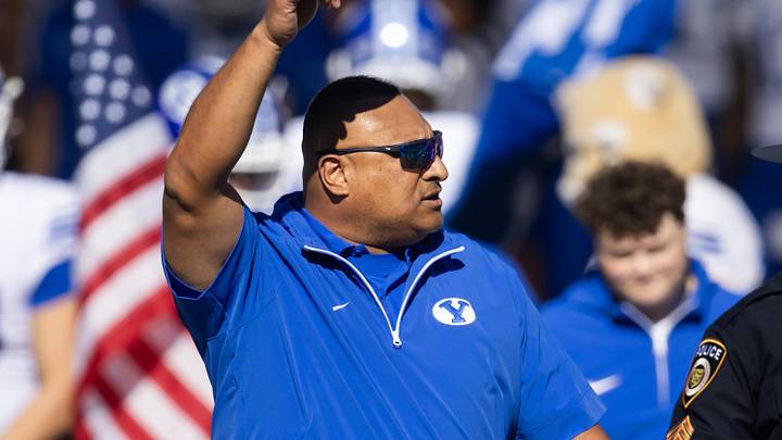 Nov 23, 2024; Tempe, Arizona, USA; Brigham Young Cougars head coach Kalani Sitake against the Arizona State Sun Devils at Mountain America Stadium. Mandatory Credit: Mark J. Rebilas-Imagn Images