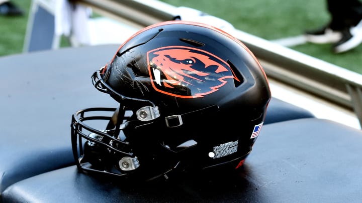 Oct 9, 2021; Pullman, Washington, USA; Oregon State Beavers helmet sits during a game against the Washington State Cougars in the first half at Gesa Field at Martin Stadium. Mandatory Credit: James Snook-USA TODAY Sports