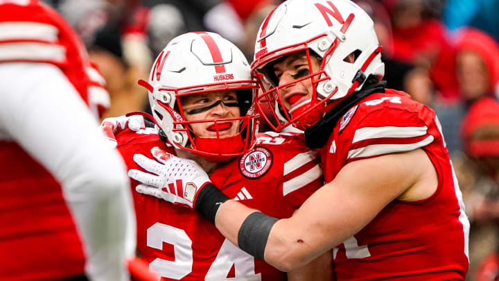 Oct 28, 2023; Lincoln, Nebraska, USA; Nebraska Cornhuskers tight end Thomas Fidone II (24) and tight end Nate Boerkircher (87) celebrate after a touchdown by Fidone II against the Purdue Boilermakers during the second quarter at Memorial Stadium.