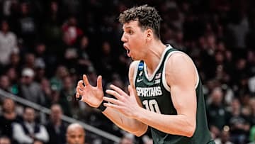 Michigan State center Szymon Zapala (10) reacts to a personal foul called on forward Jaxon Kohler (0) against Auburn during the first half of the Elite Eight round of NCAA tournament at State Farm Arena in Atlanta, Ga. on Sunday, March 30, 2025.