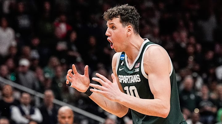 Michigan State center Szymon Zapala (10) reacts to a personal foul called on forward Jaxon Kohler (0) against Auburn during the first half of the Elite Eight round of NCAA tournament at State Farm Arena in Atlanta, Ga. on Sunday, March 30, 2025.